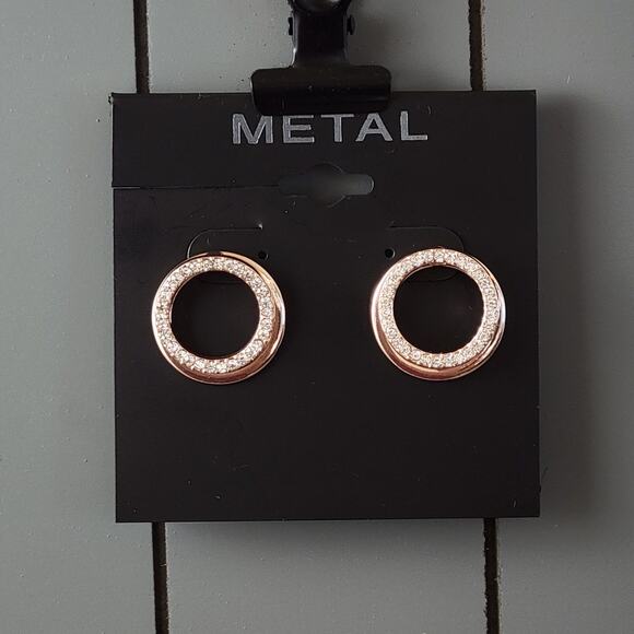 Rose Gold Circle Earrings with Crystal Accents, Metal Studs, Classic Style - Picture 9 of 9